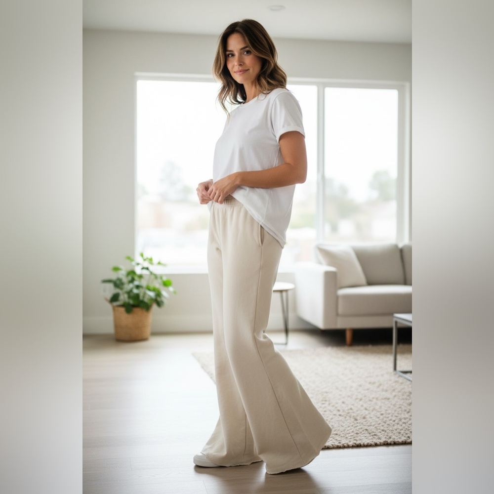 Wild Fable Cream Colored Sweatpants w/ Oversized Leg Bottoms, Size Medium